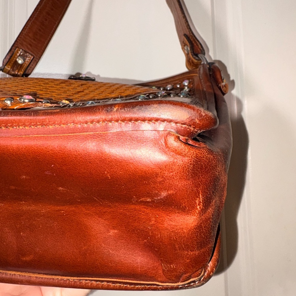 Double J Saddlery Hand-Tooled Leather Cowhide Crystal Western Shoulder Bag - Picture 6 of 16